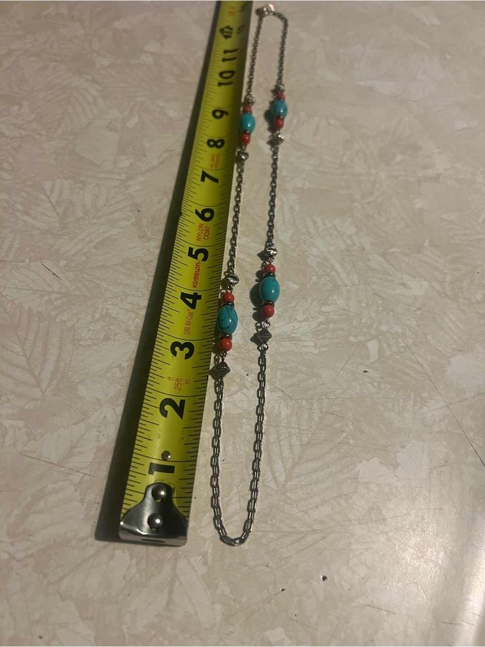 Turquoise and Coral Beaded Sterling-Color Necklace N154
